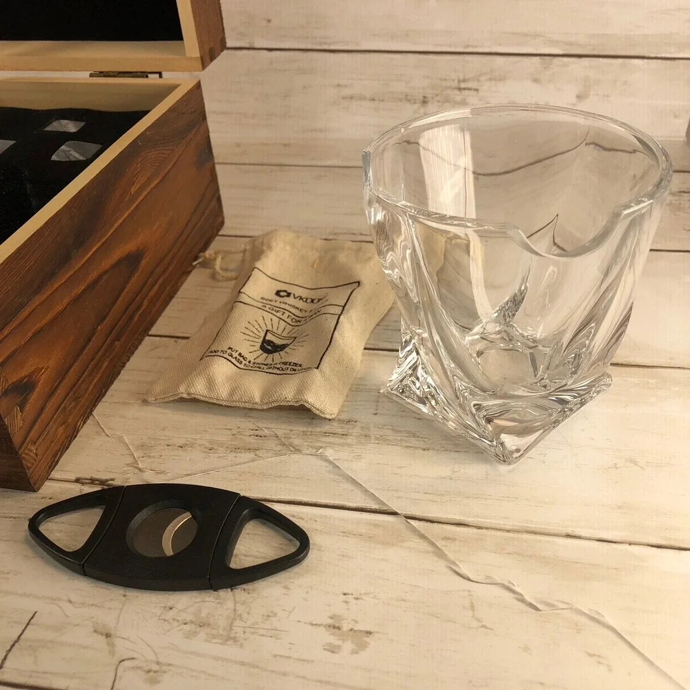 Whiskey and Cigar Gift Set Wood Box 2 Twisted Glasses Chilling Stones‎ Unused